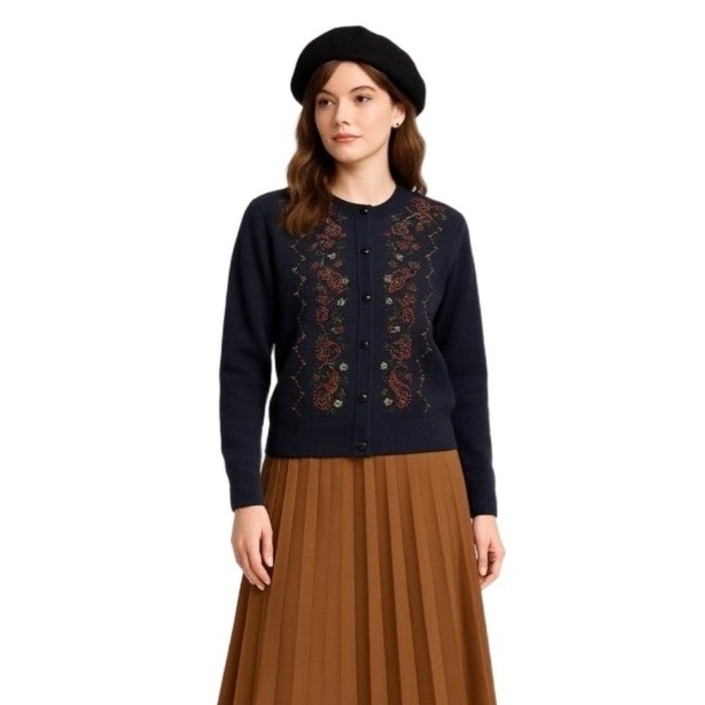 Suburbans Cardigan Womens Large Beaded Wool Blend Sweater Navy Vintage Hong Kong